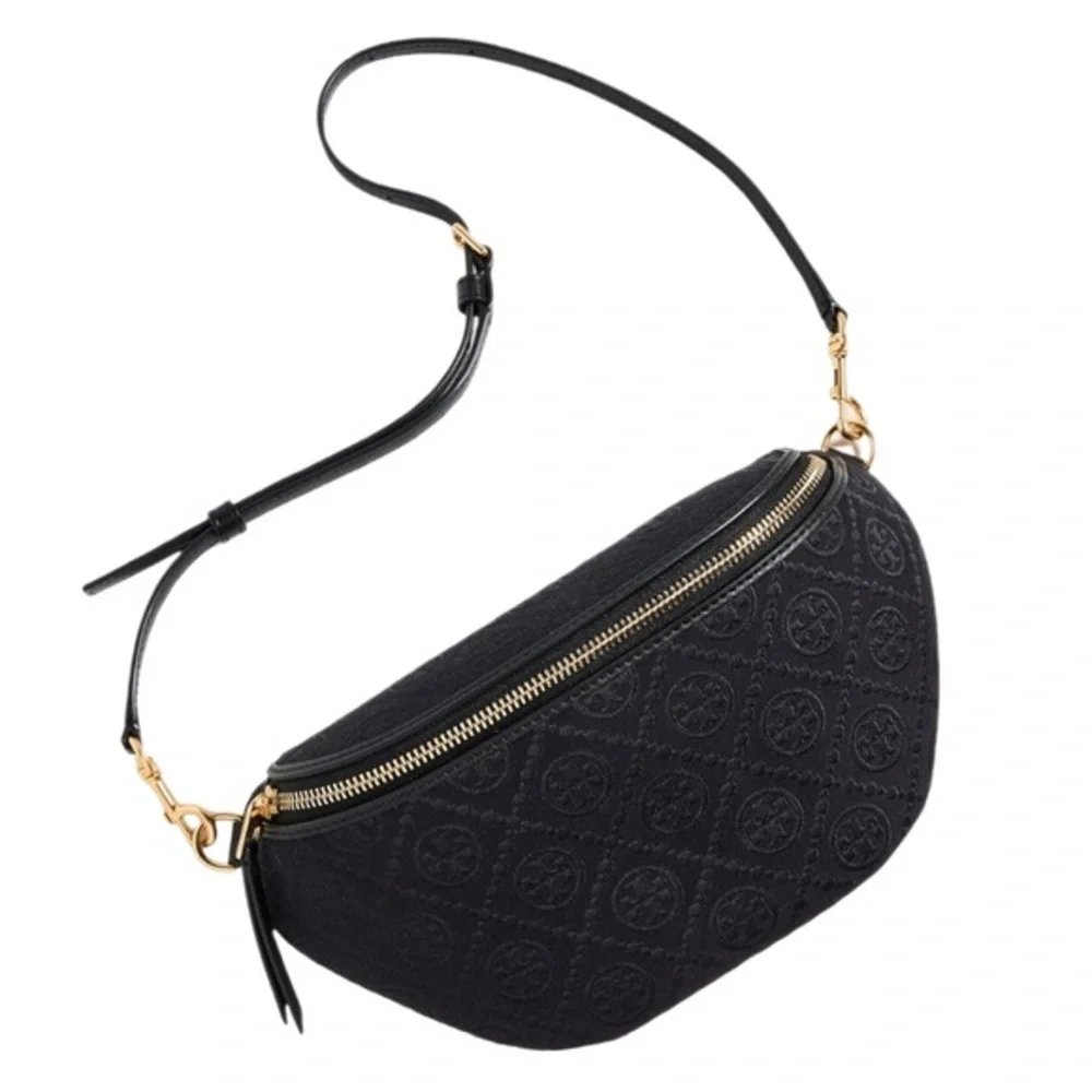 Tory Burch T Monogram Leather Belt Bag Black with gold hardware